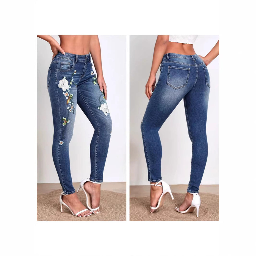 Womens Versatile Flower-Pattern Embroidered Skinny Jeans