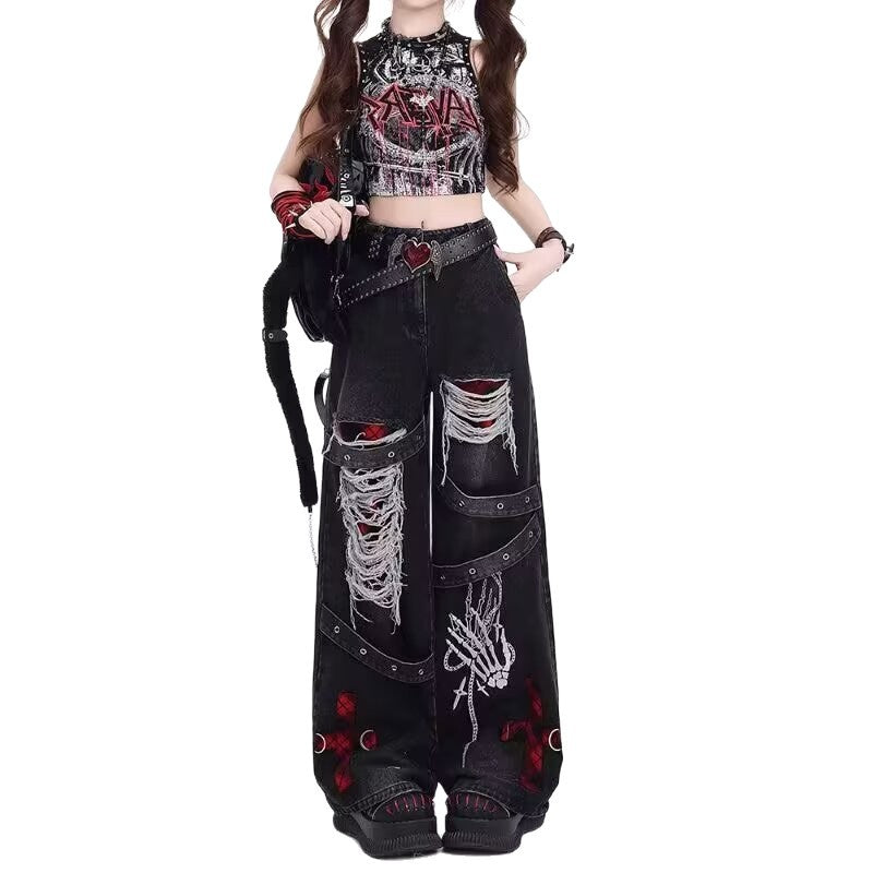 Womens Vintage Washed Distressed Ripped Jeans