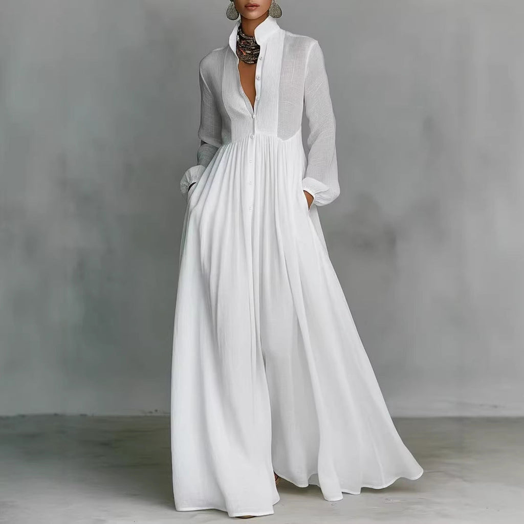 French-style Long-sleeve Pleated Dress For Women