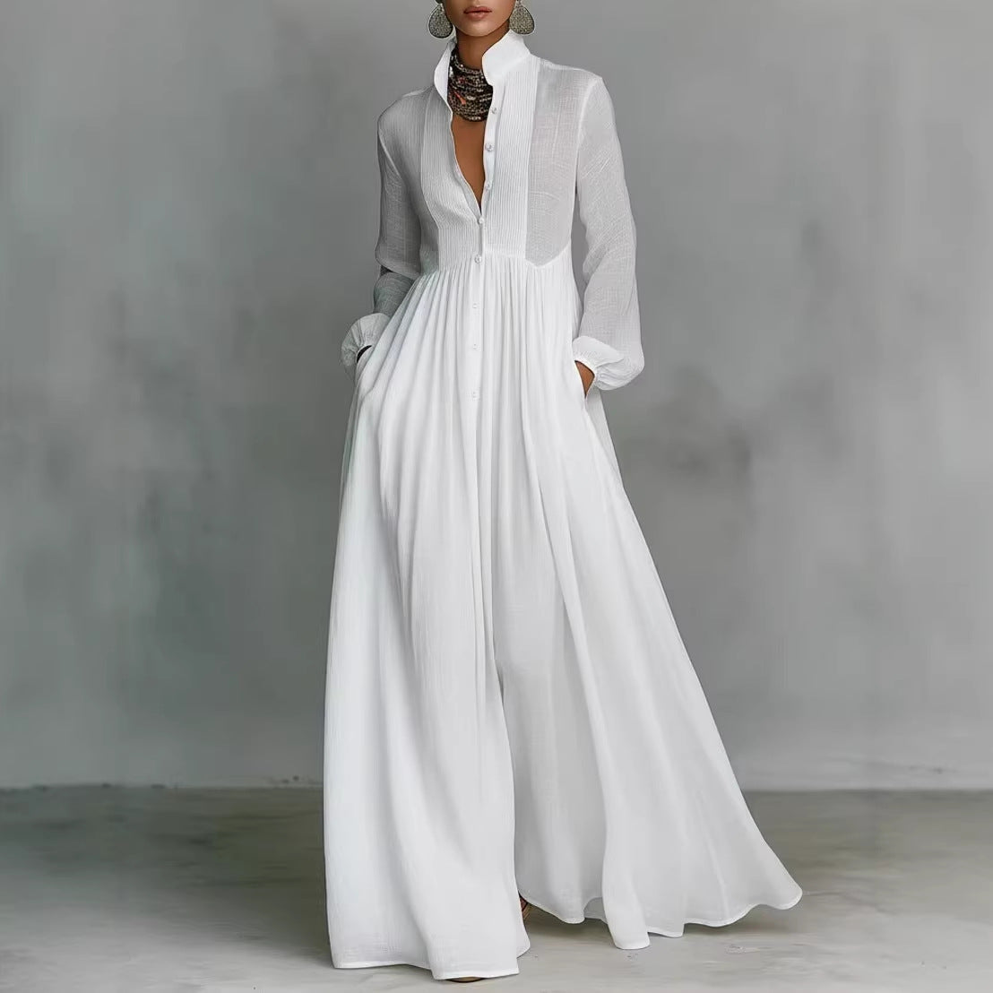 French-style Long-sleeve Pleated Dress For Women