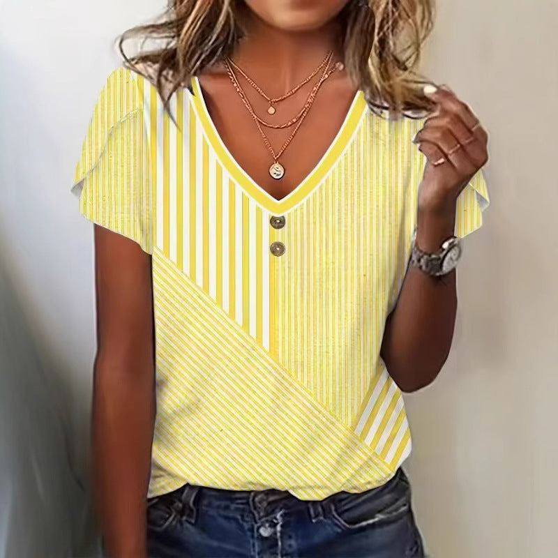 Women's Striped Button-up Short Sleeve Top