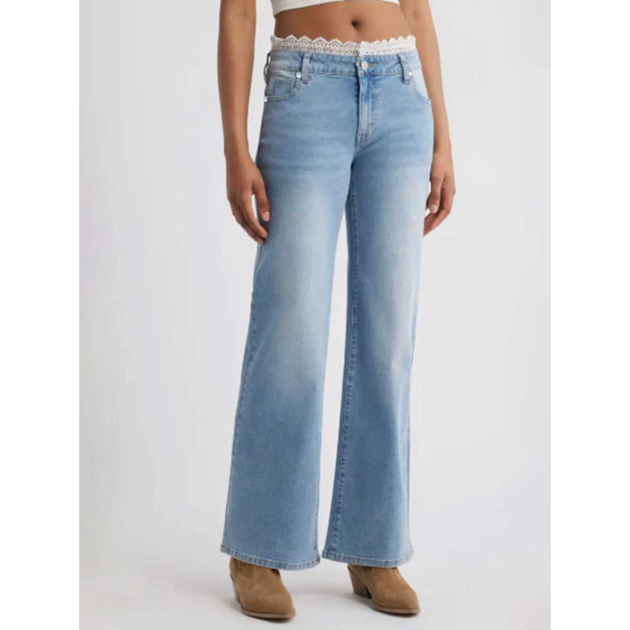 Womens Stylish Lace-trimmed Stretch Denim Jeans