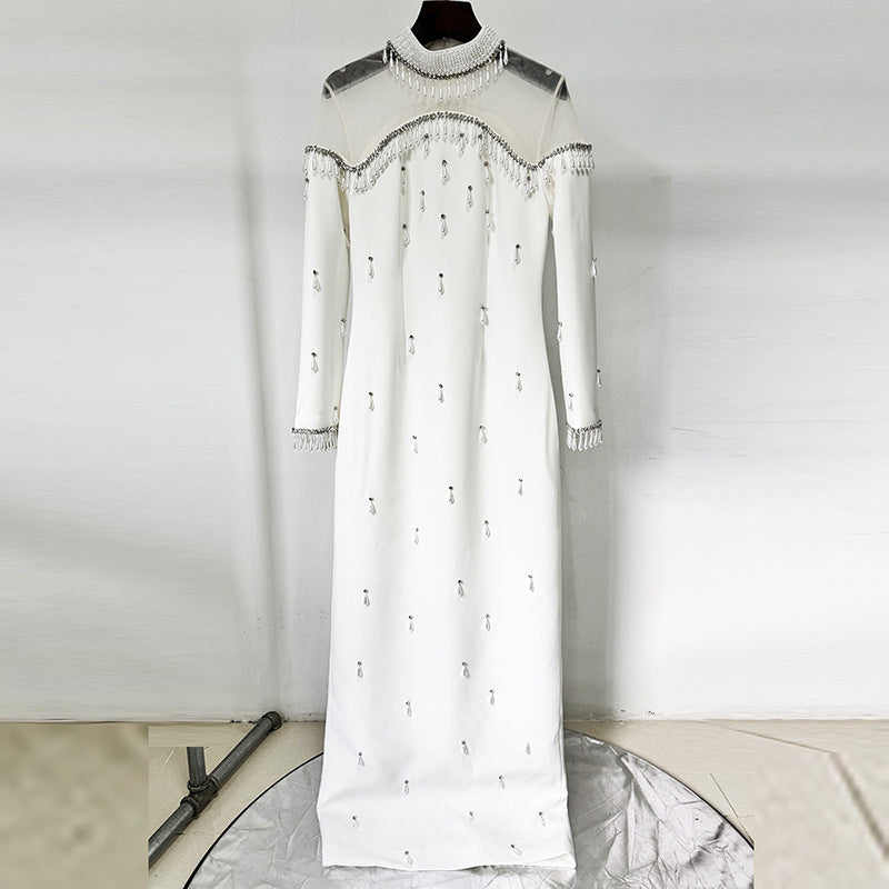 Heavy-duty Pearl Bead And Diamond-embellished Mesh-panel Long Dress