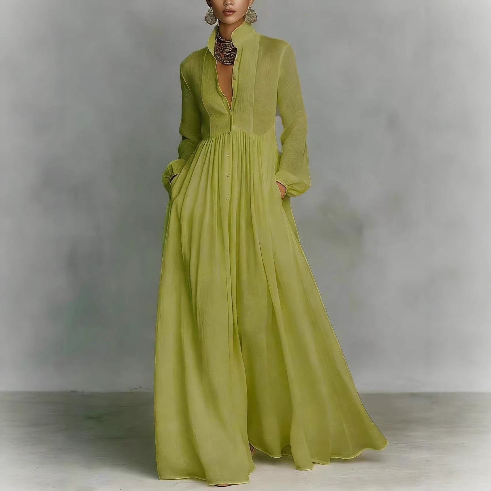 French-style Long-sleeve Pleated Dress For Women