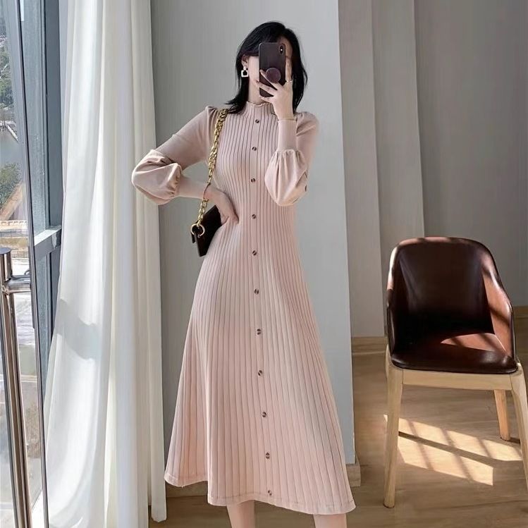 AutumnWinter Knitted Mock Neck Long Sleeve Dress