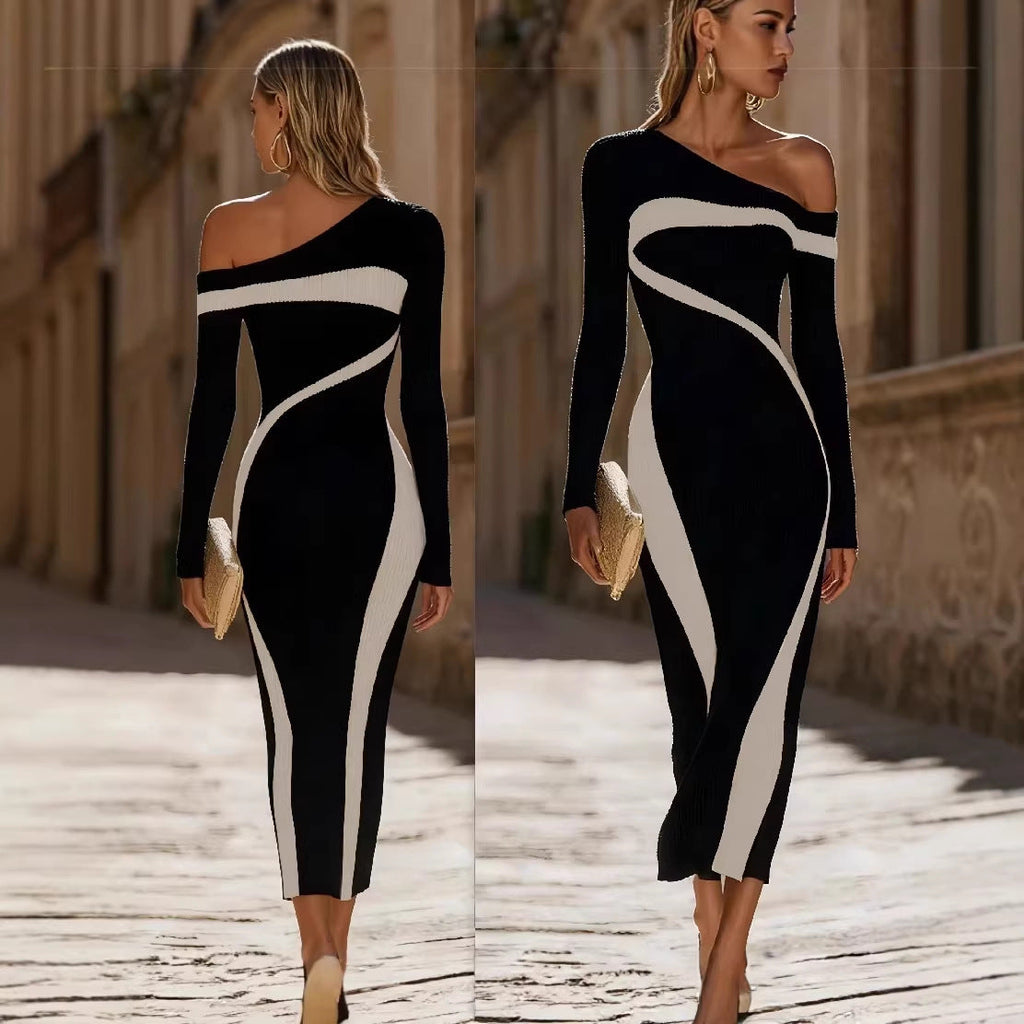 Black And White Color-block Knitted Off-shoulder Long-sleeve Dress