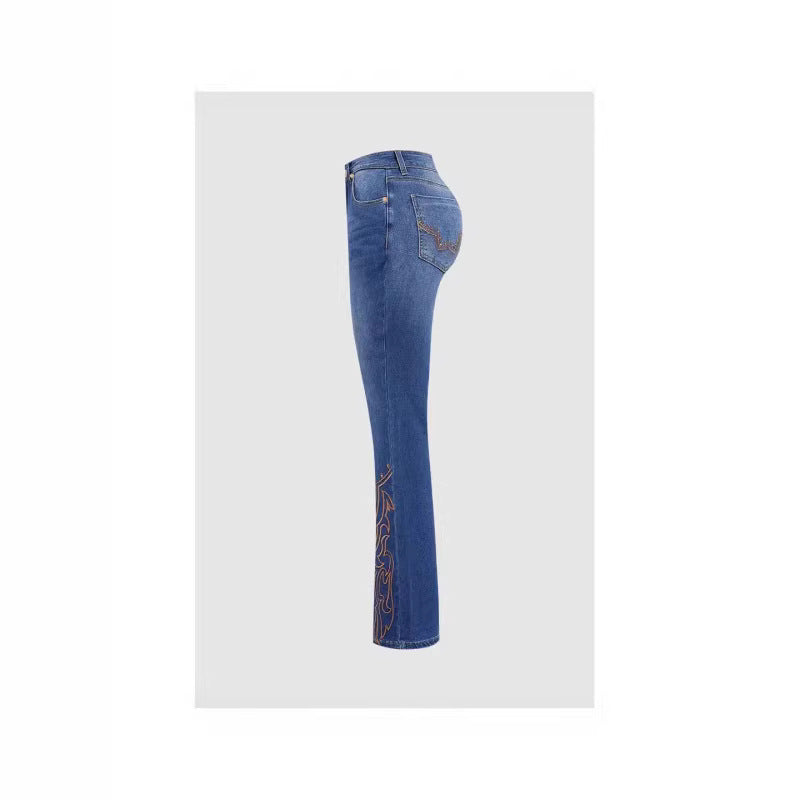 Womens Retro Beaded Embroidered Stretch Denim Jeans