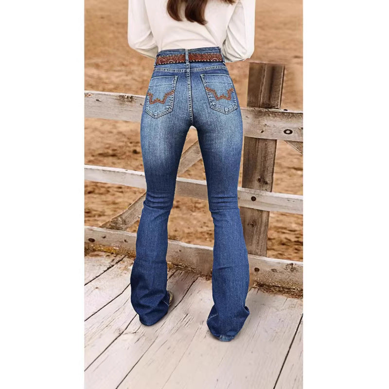Womens Retro Beaded Embroidered Stretch Denim Jeans