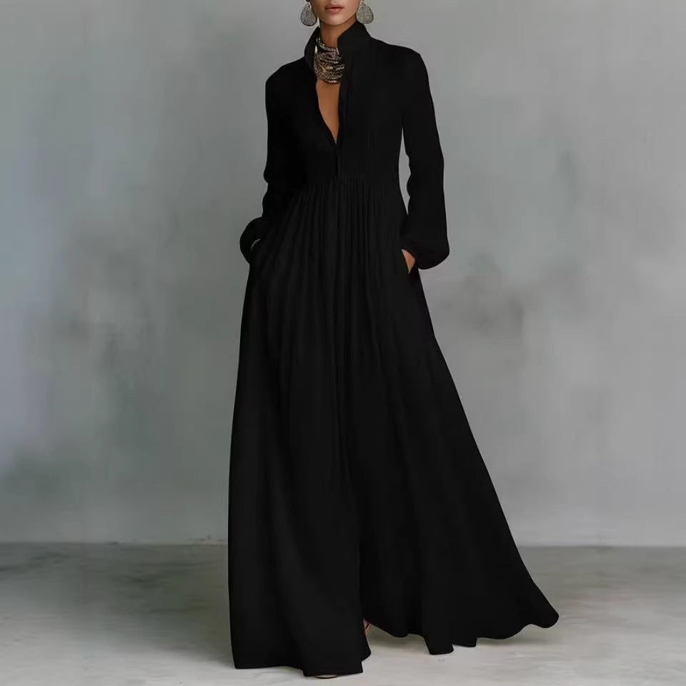 French-style Long-sleeve Pleated Dress For Women