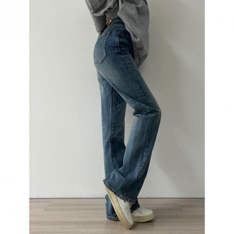 Flared Denim Jeans For Women Straight  Loose-fit Pants Retro