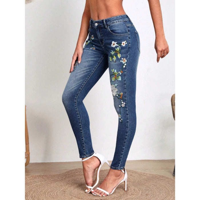 Womens Versatile Flower-Pattern Embroidered Skinny Jeans