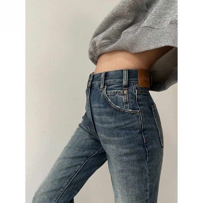 Flared Denim Jeans For Women Straight  Loose-fit Pants Retro